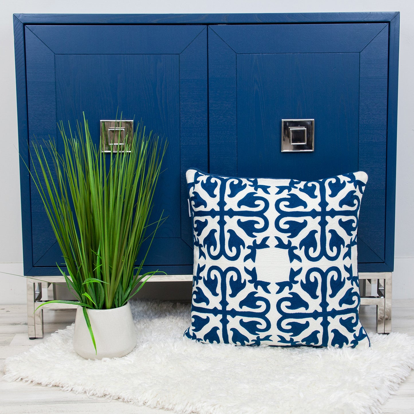 20" Blue and White Geometric Cotton Throw Pillow