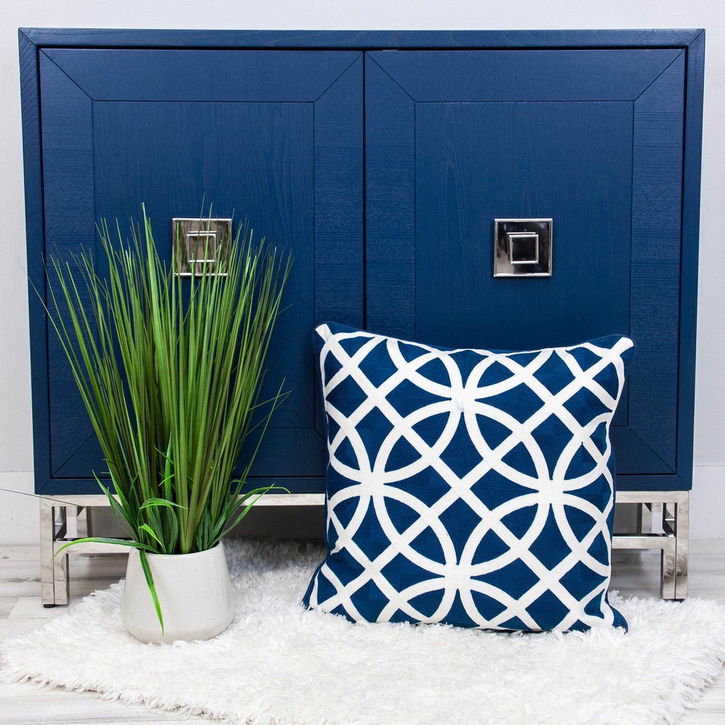 20" Blue and White Geometric Cotton Throw Pillow