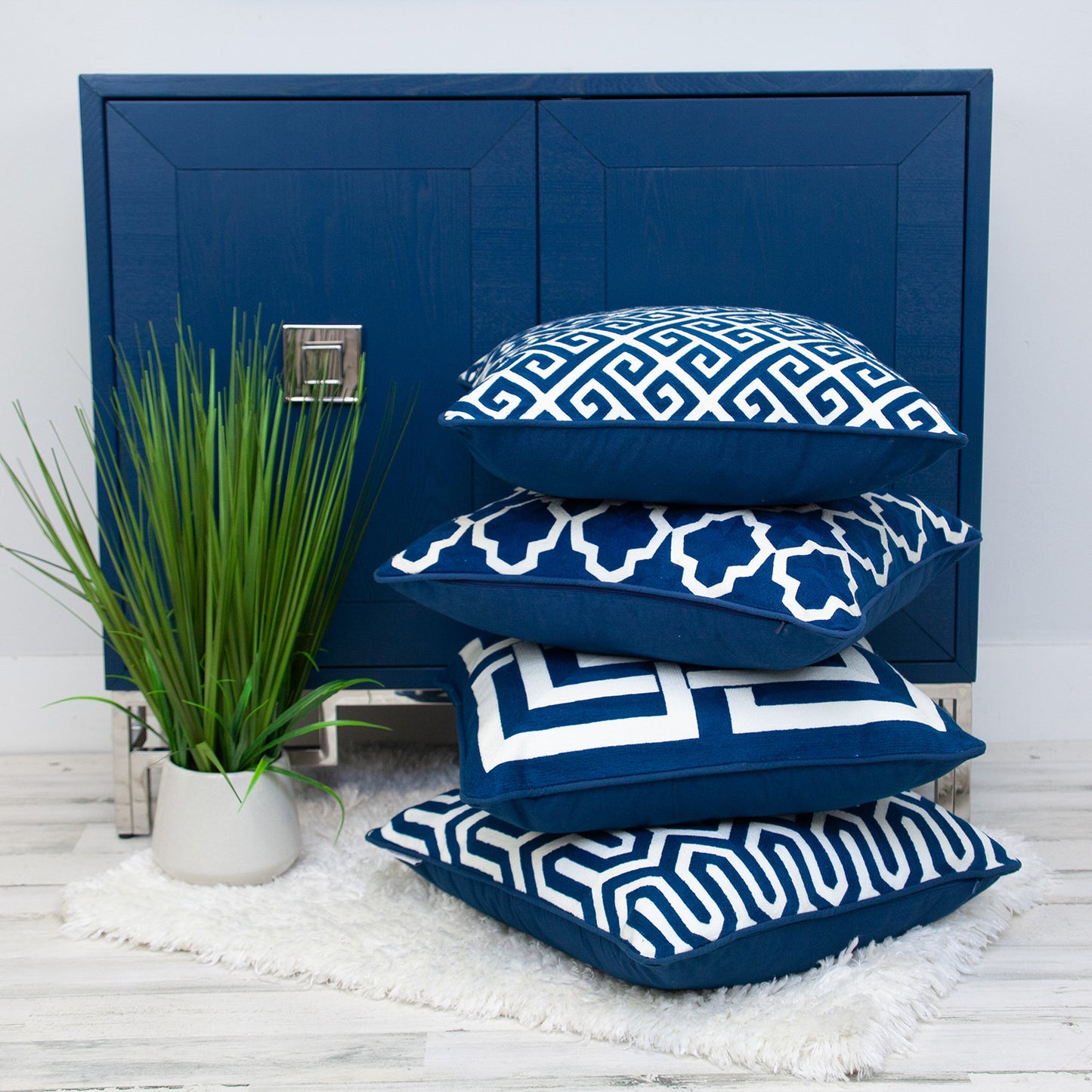 20" Blue and White Interlocking Cotton Throw Pillow