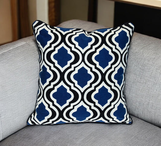 20" Blue and White Geometric Cotton Throw Pillow