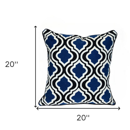 20" Blue and White Geometric Cotton Throw Pillow