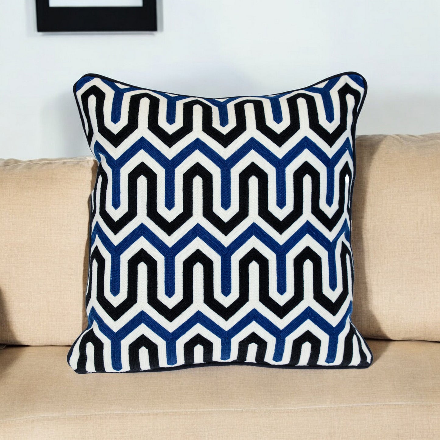 20" X 20" Blue and White Geometric Cotton Zippered Pillow