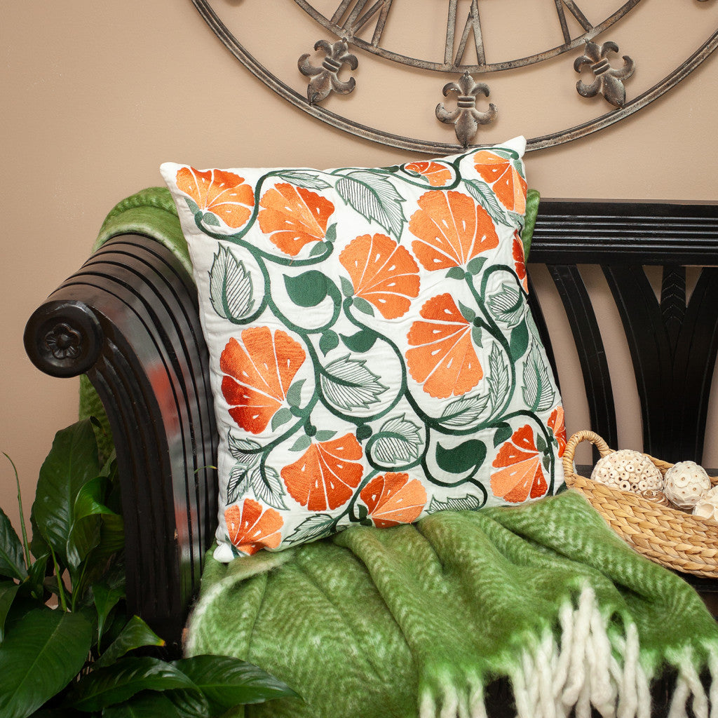 22" Orange and White Floral Cotton Throw Pillow With Embroidery