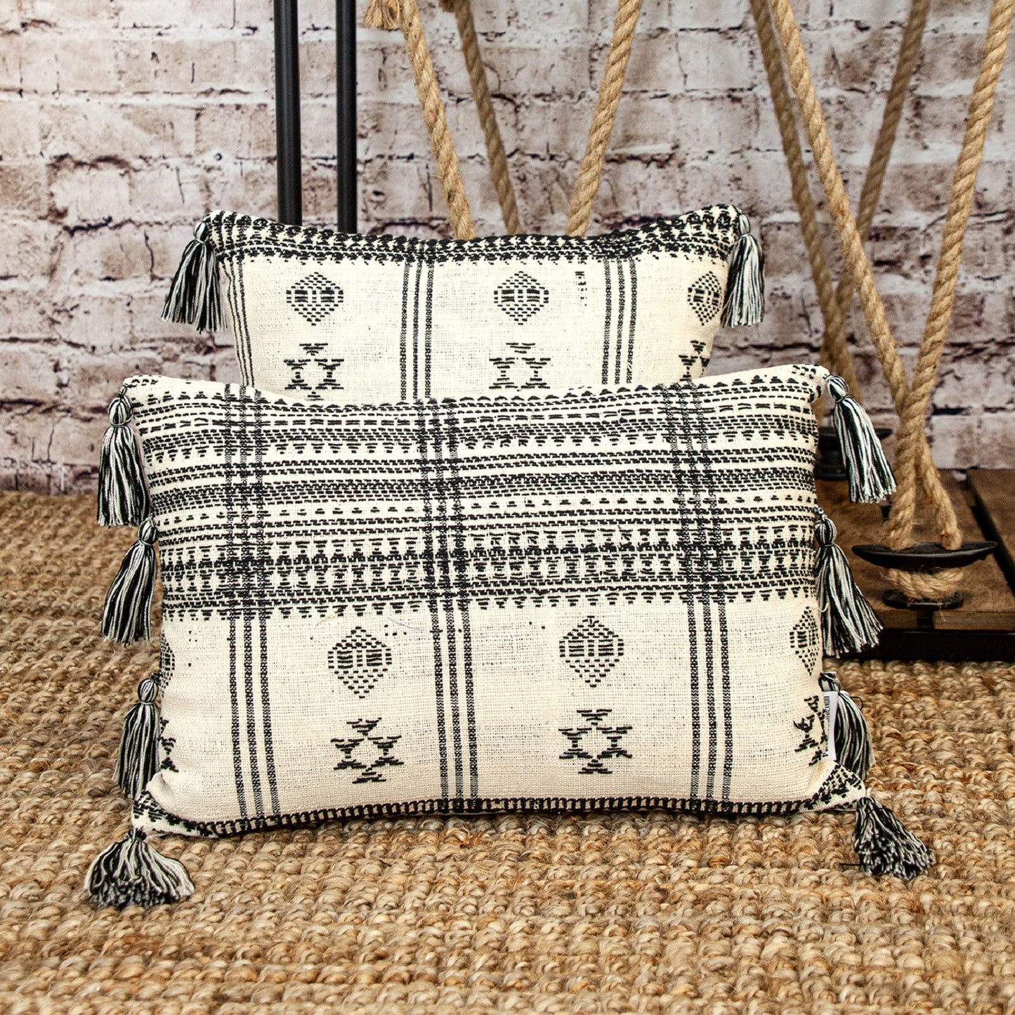 18" Beige and Black Southwestern Cotton Throw Pillow With Tassels