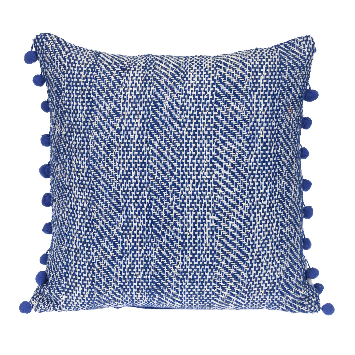 18" Blue and White Weave Cotton Throw Pillow With Pom Poms