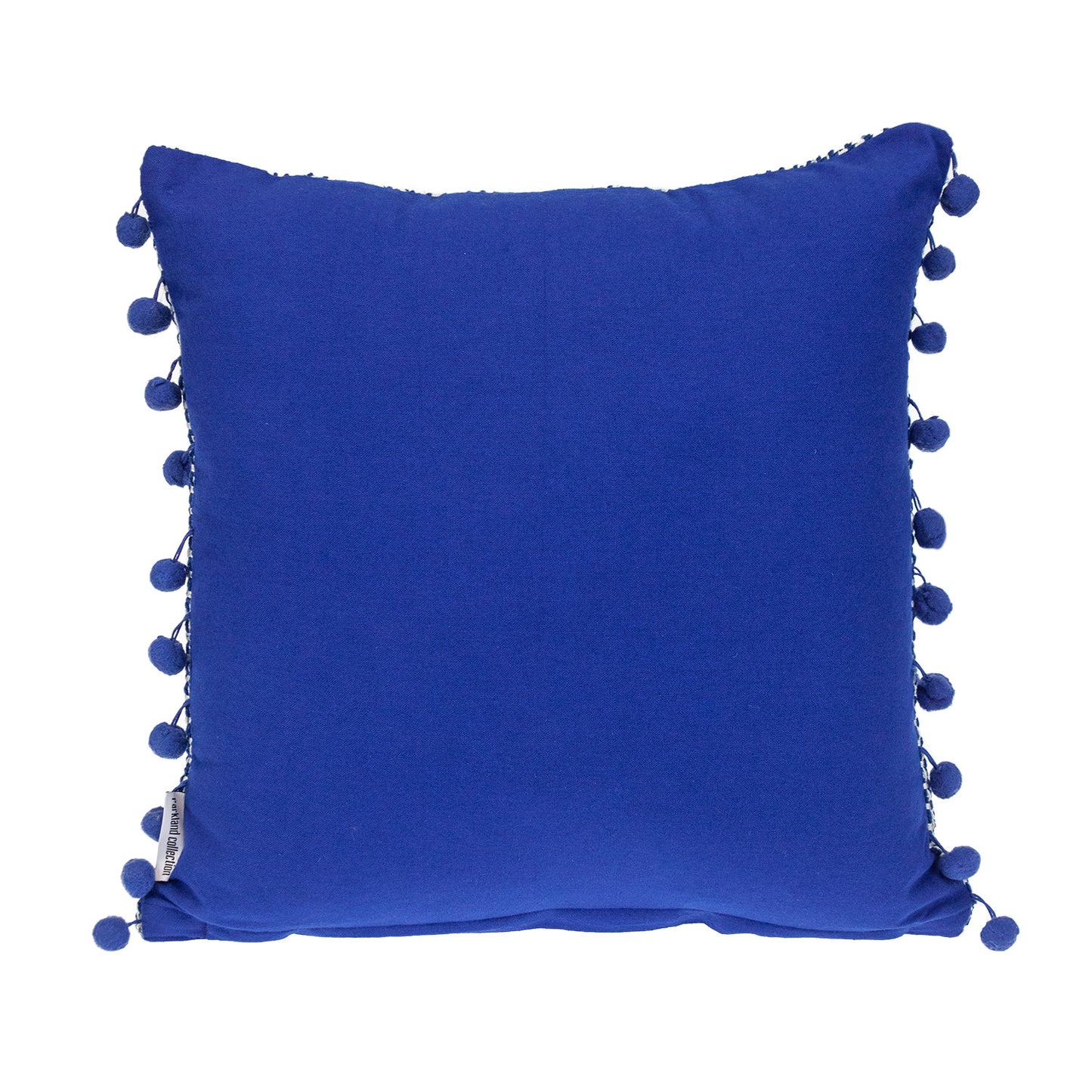 18" Blue and White Weave Cotton Throw Pillow With Pom Poms