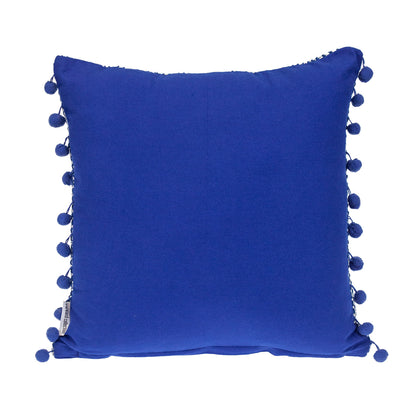 18" Blue and White Weave Cotton Throw Pillow With Pom Poms