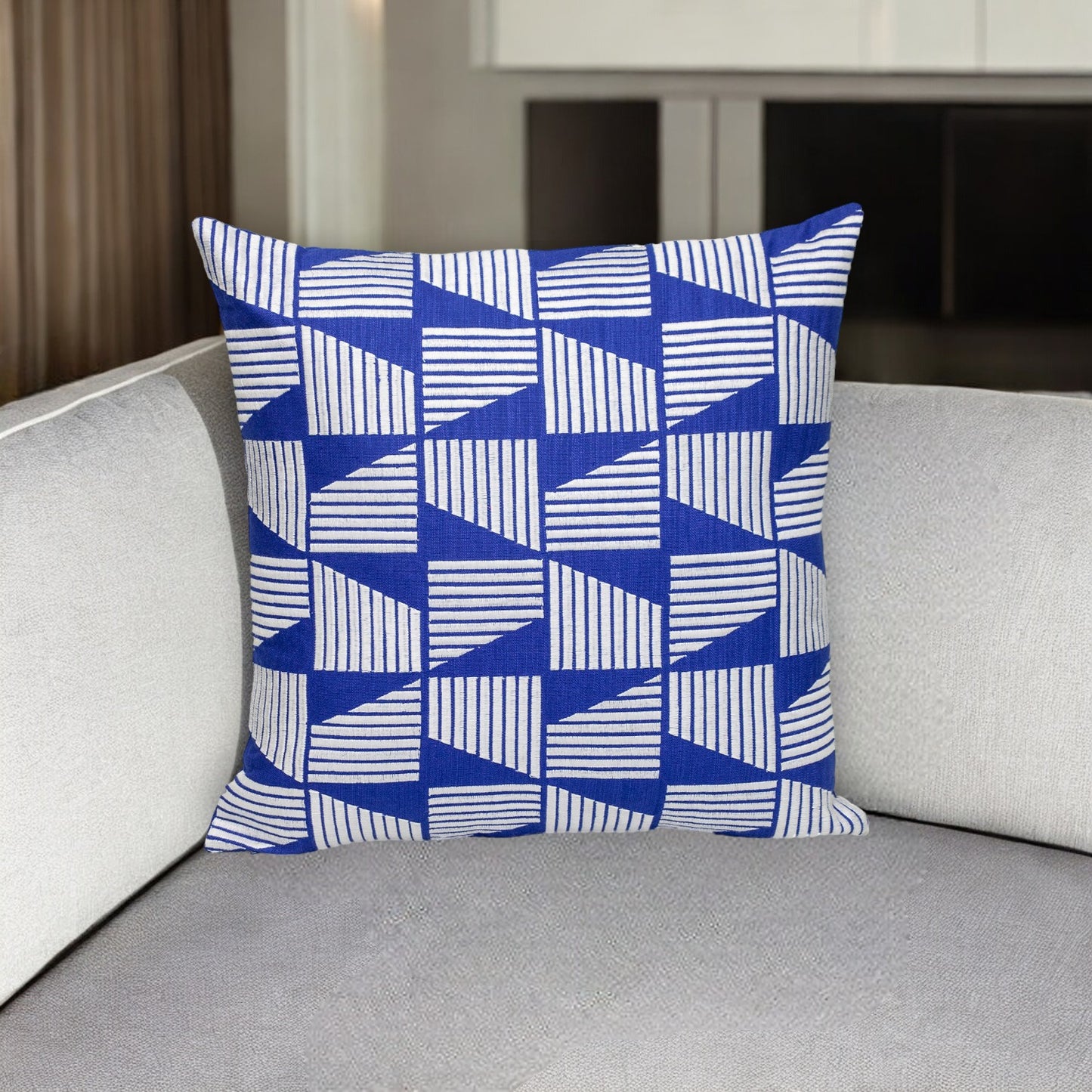 18" Blue and White Geometric Cotton Throw Pillow With Embroidery