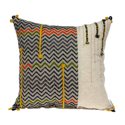 20" Beige and Blue Zigzag Cotton Throw Pillow With Embroidery