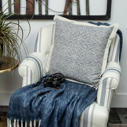 20" Beige and Blue Zigzag Cotton Throw Pillow