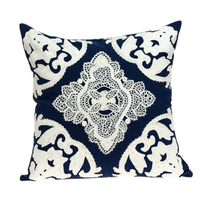 20" Blue and White Damask Cotton Throw Pillow With Embroidery