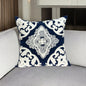 20" Blue and White Damask Cotton Throw Pillow With Embroidery