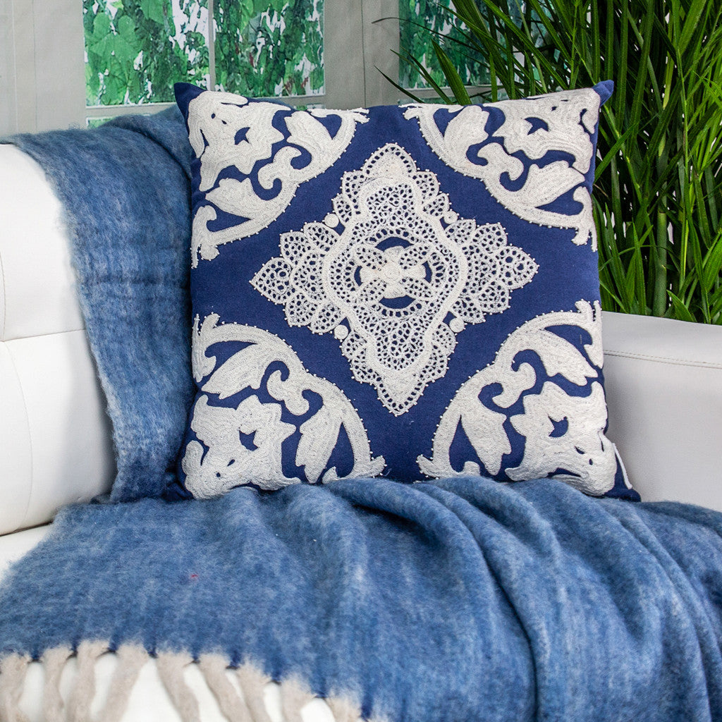 20" Blue and White Damask Cotton Throw Pillow With Embroidery