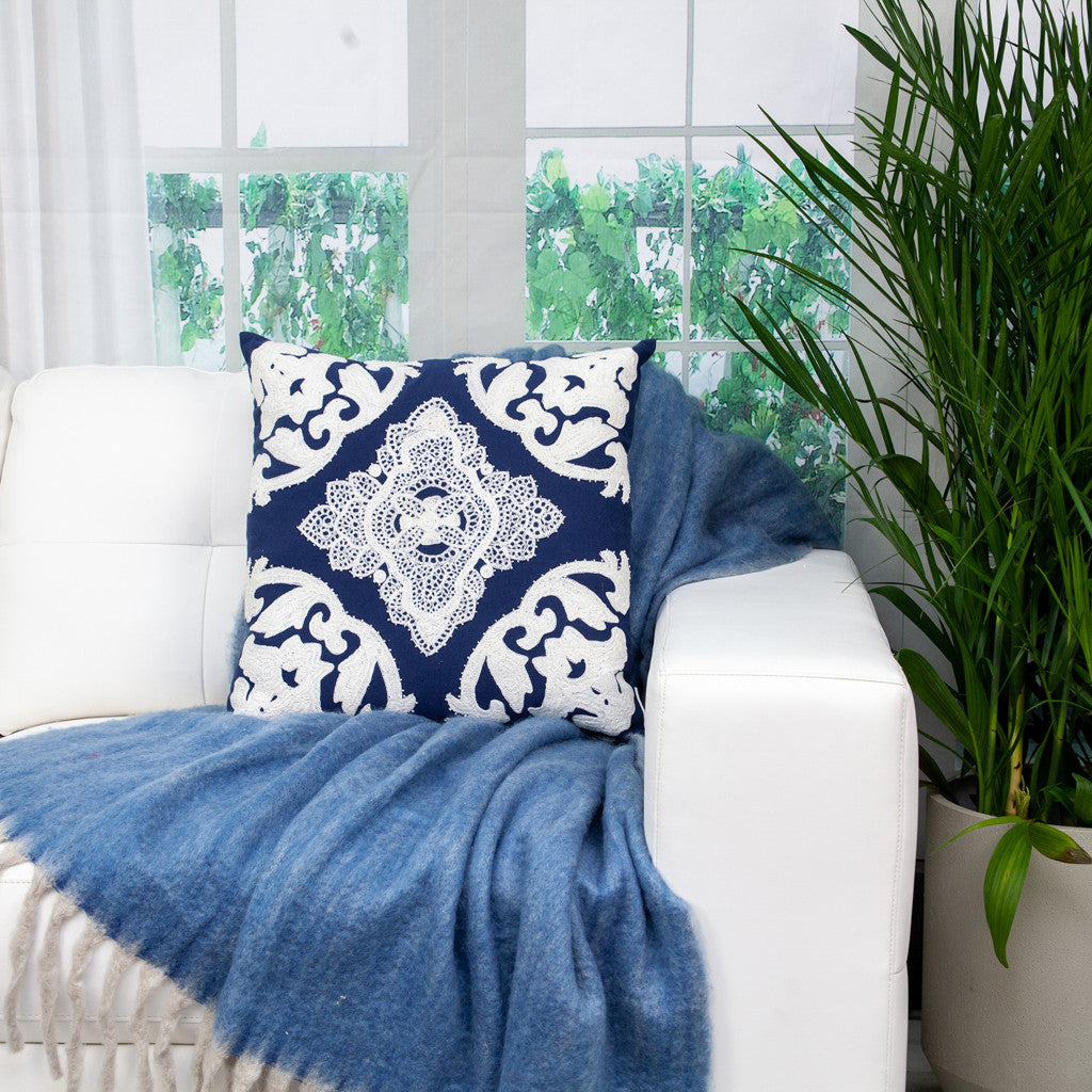 20" Blue and White Damask Cotton Throw Pillow With Embroidery