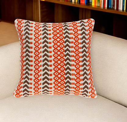 20" Beige and Orange Striped Cotton Blend Throw Pillow