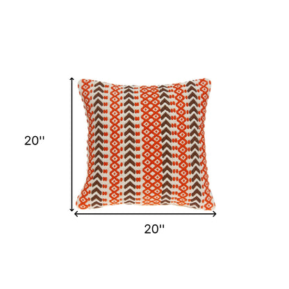 20" Beige and Orange Striped Cotton Blend Throw Pillow