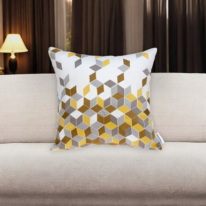 20" Gray and Gold Geometric Throw Pillow With Embroidery