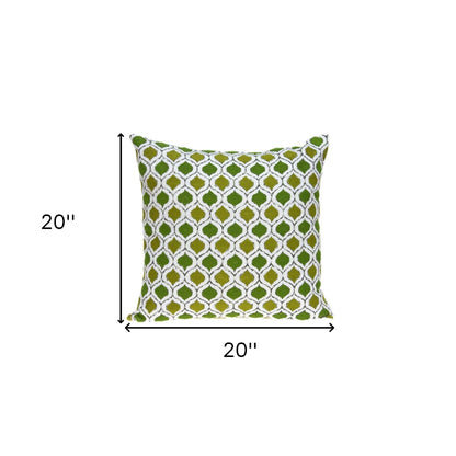 20" Green and White Ogee Cotton Throw Pillow With Embroidery