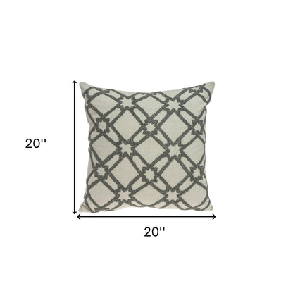 20" Beige and Gray Diamond Cotton Throw Pillow With Embroidery