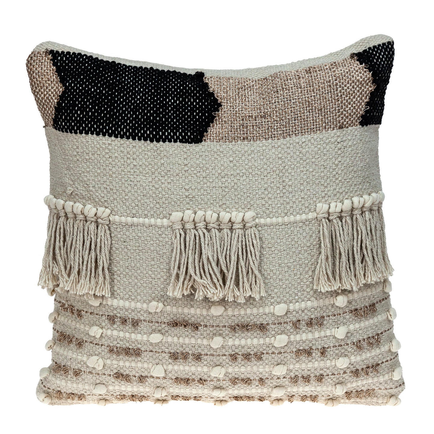 18" Beige and Gold Striped Cotton Blend Throw Pillow With Fringe