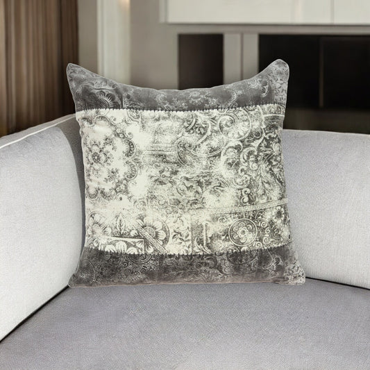 20" Beige and Gray Damask Cotton Throw Pillow