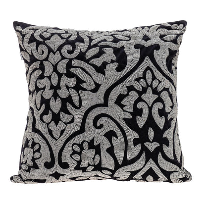 18" Black and Silver Damask Velvet Throw Pillow With Beads