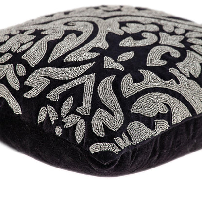 18" Black and Silver Damask Velvet Throw Pillow With Beads