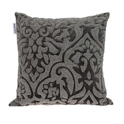 18" Gray and Silver Damask Velvet Throw Pillow With Beads