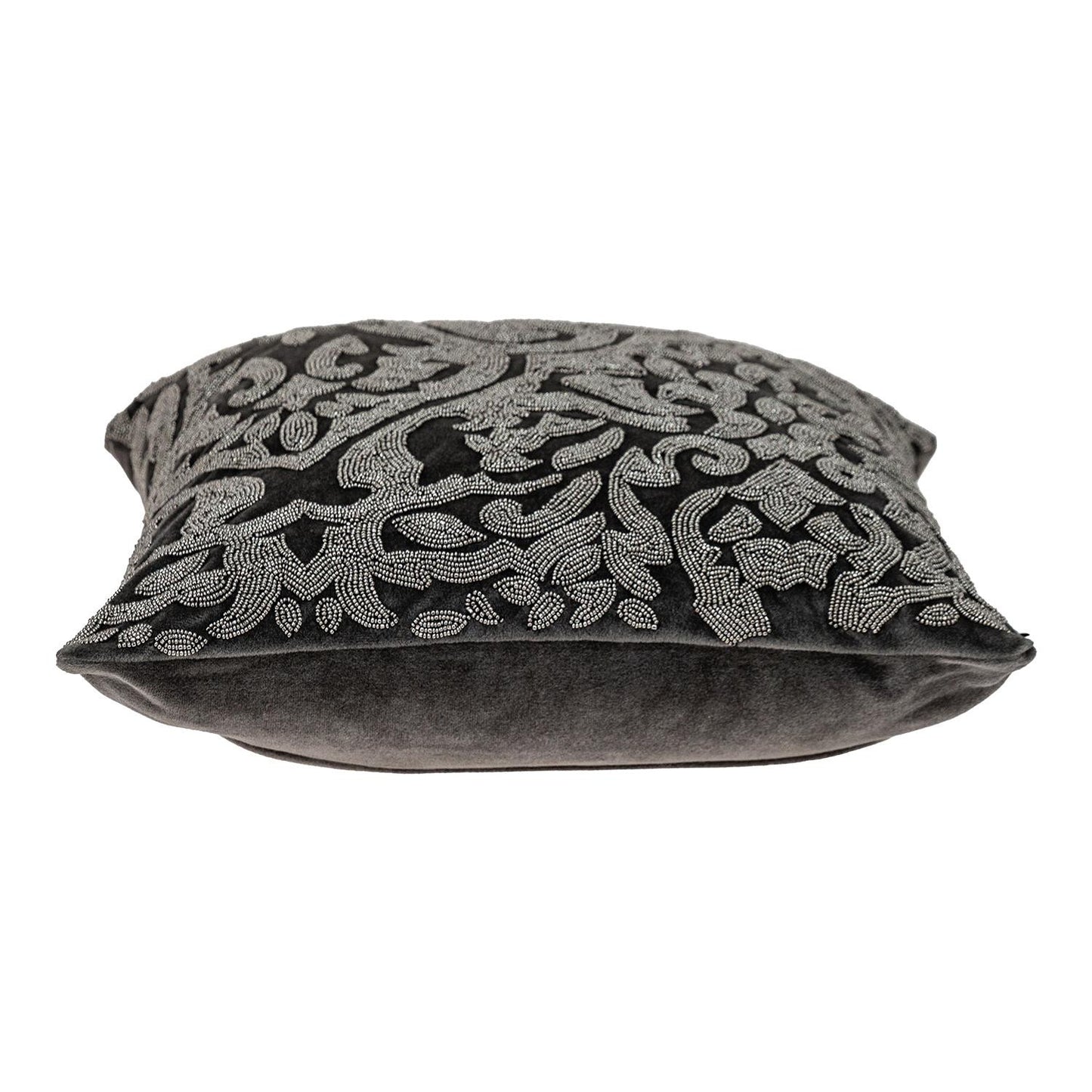 18" Gray and Silver Damask Velvet Throw Pillow With Beads