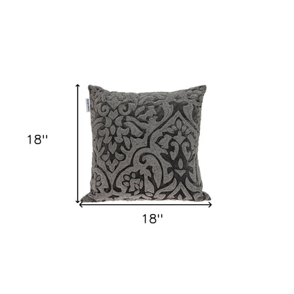 18" Gray and Silver Damask Velvet Throw Pillow With Beads