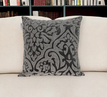 18" Gray and Silver Damask Velvet Throw Pillow With Beads