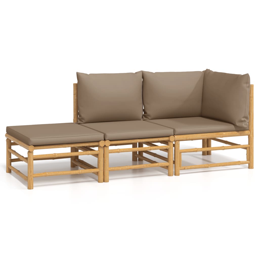 3 Piece Patio Lounge Set with Taupe Cushions Bamboo