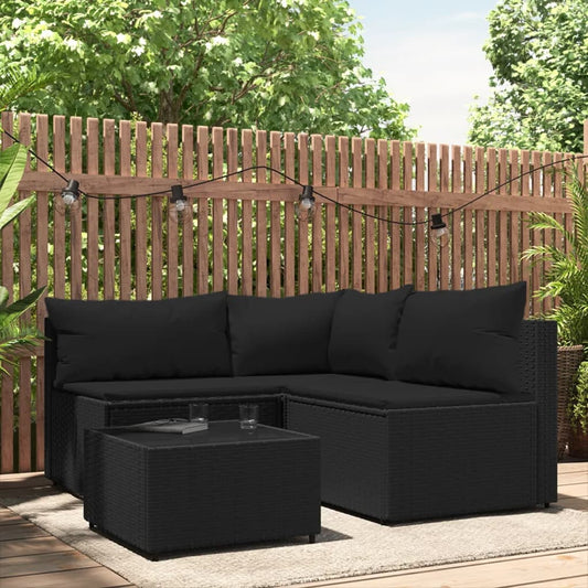 4 Piece Patio Lounge Set with Cushions Black Poly Rattan