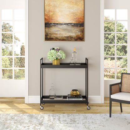 Black Steel And Glass Rolling Bar Cart