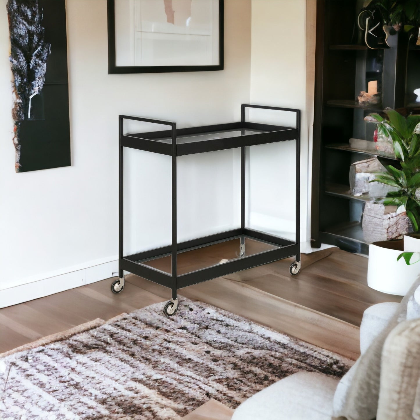 Black Steel And Glass Rolling Bar Cart