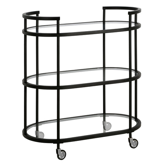 Black Steel And Glass Oval Rolling Bar Cart