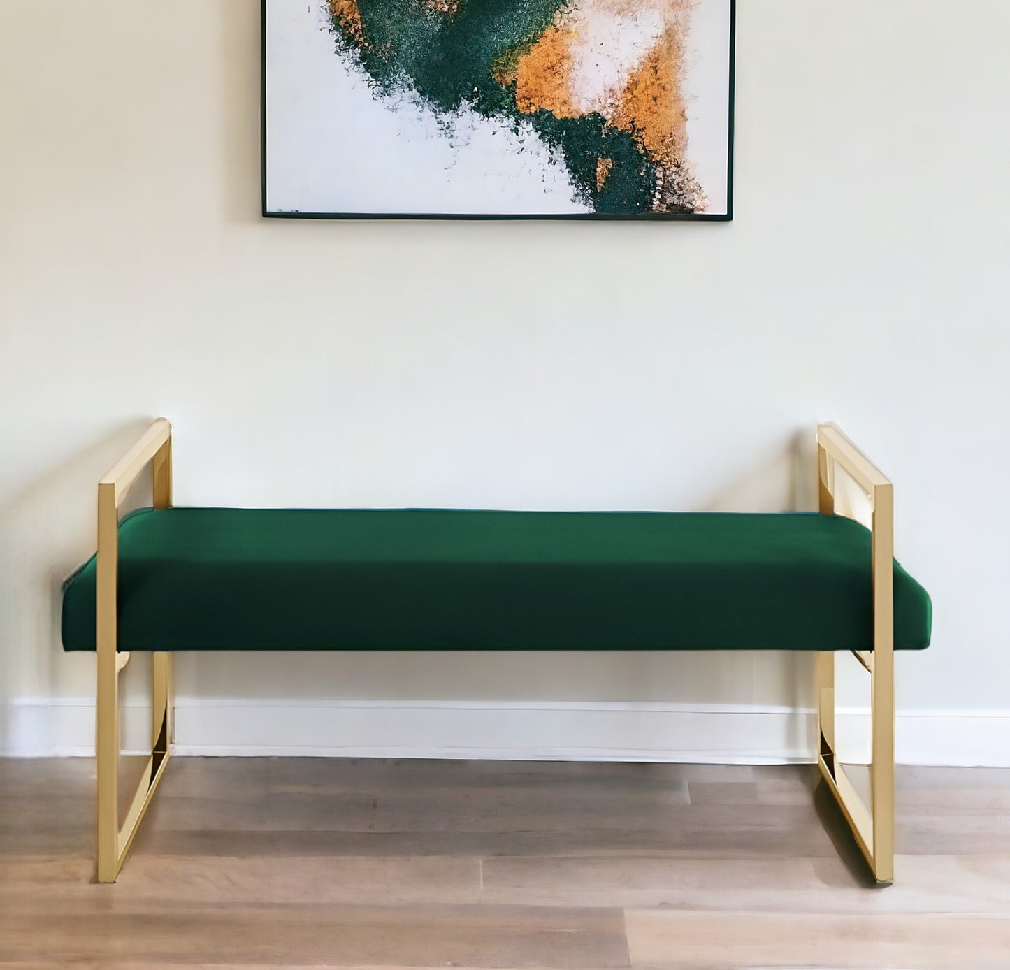 48" Navy Blue and Gold Velvet Upholstered Bench