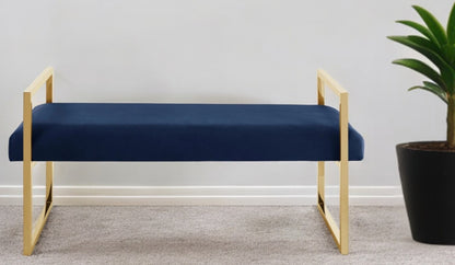 48" Navy Blue and Gold Velvet Upholstered Bench