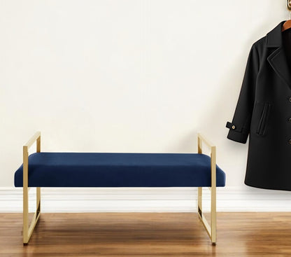 48" Navy Blue and Gold Velvet Upholstered Bench