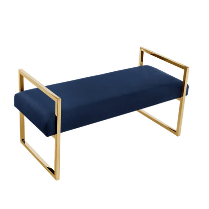 48" Navy Blue and Gold Velvet Upholstered Bench