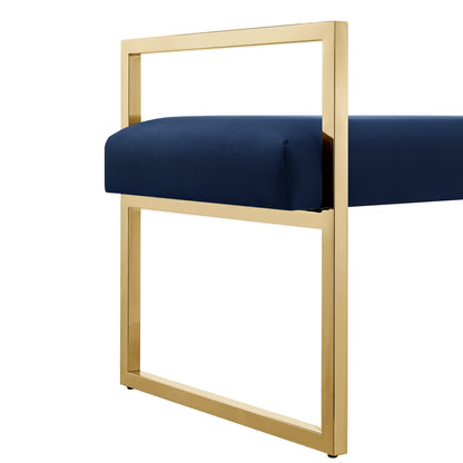 48" Navy Blue and Gold Velvet Upholstered Bench