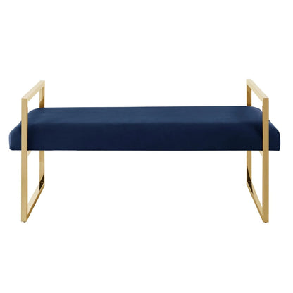 48" Navy Blue and Gold Velvet Upholstered Bench