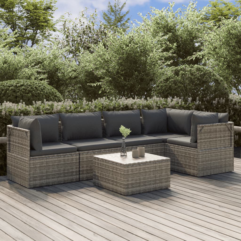 6 Piece Patio Lounge Set with Cushions Gray Poly Rattan