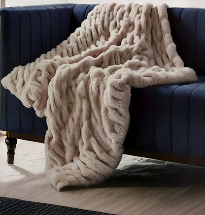 60" X 50" Brown Knitted Faux Fur Throw Blanket