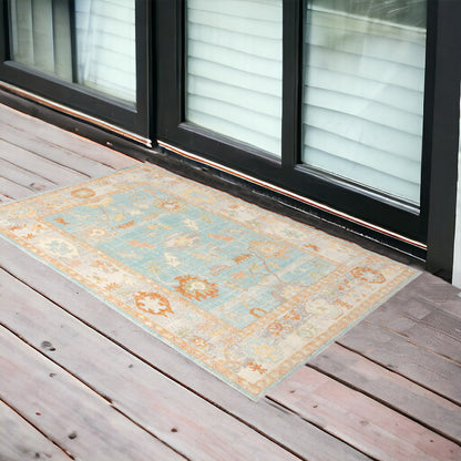 2' X 3' Blue and Orange Floral Stain Resistant Indoor Outdoor Area Rug