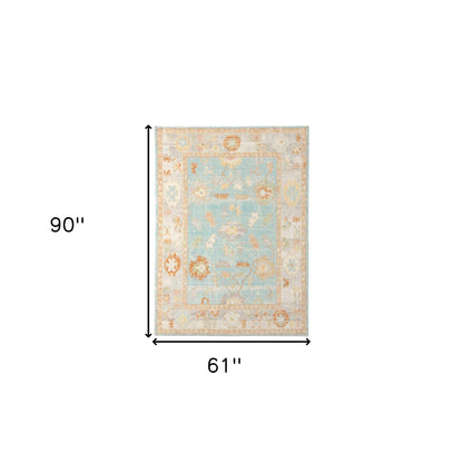 5' X 7' Blue and Orange Floral Stain Resistant Indoor Outdoor Area Rug