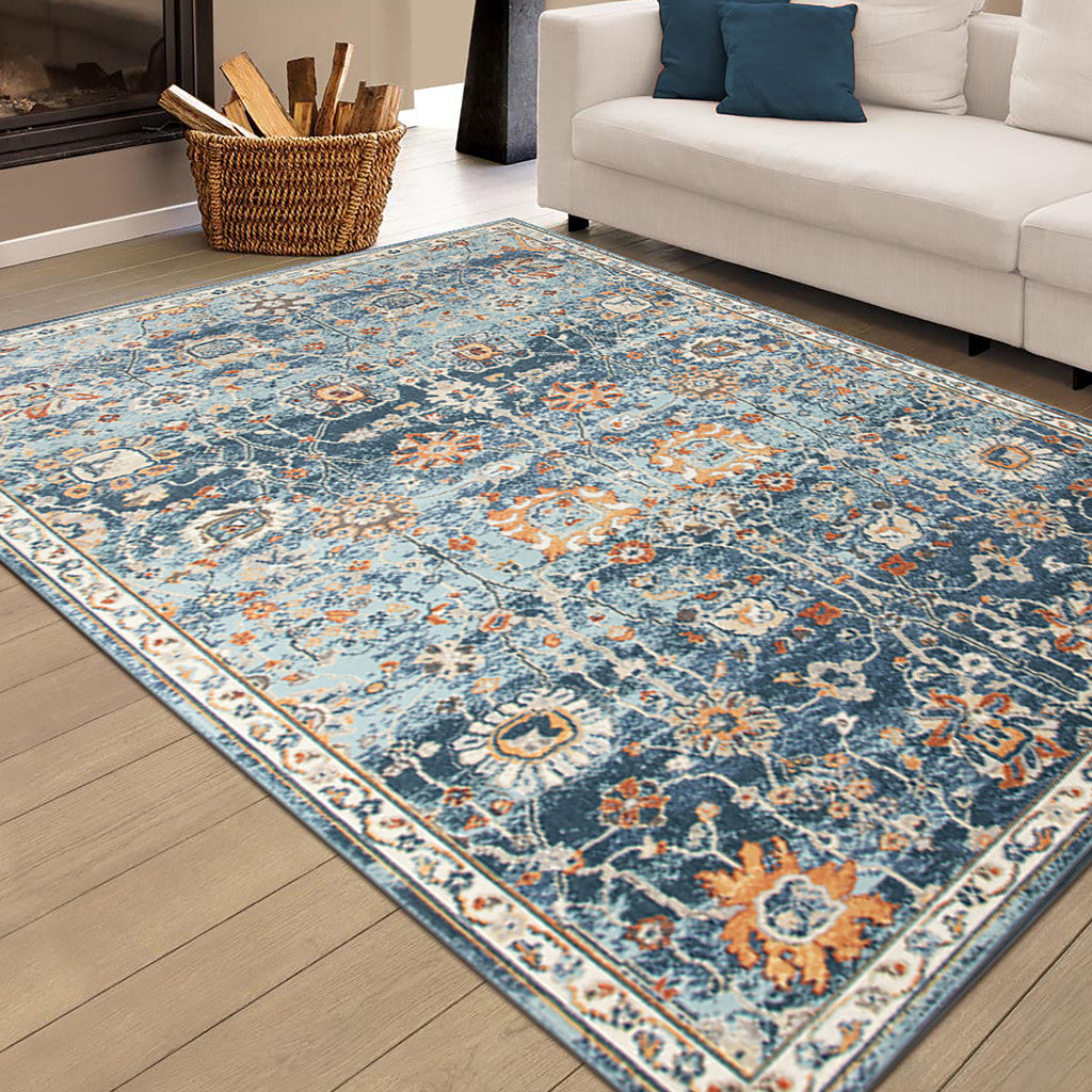 2' X 3' Blue and Orange Floral Stain Resistant Indoor Outdoor Area Rug