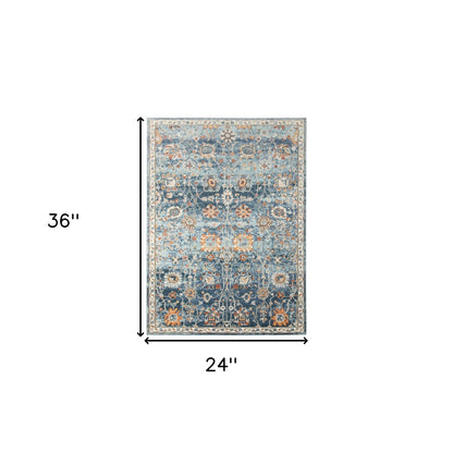 2' X 3' Blue and Orange Floral Stain Resistant Indoor Outdoor Area Rug