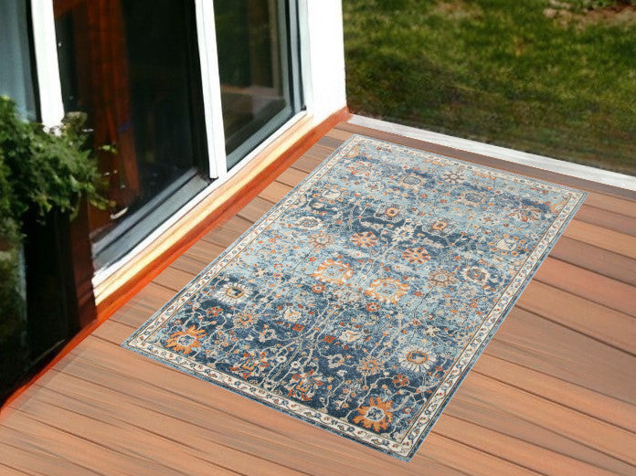 2' X 3' Blue and Orange Floral Stain Resistant Indoor Outdoor Area Rug