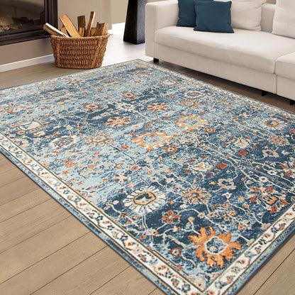 5' X 7' Blue and Orange Floral Stain Resistant Indoor Outdoor Area Rug